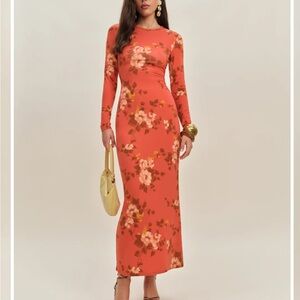 Reformation Orange Floral Long Sleeve Dress